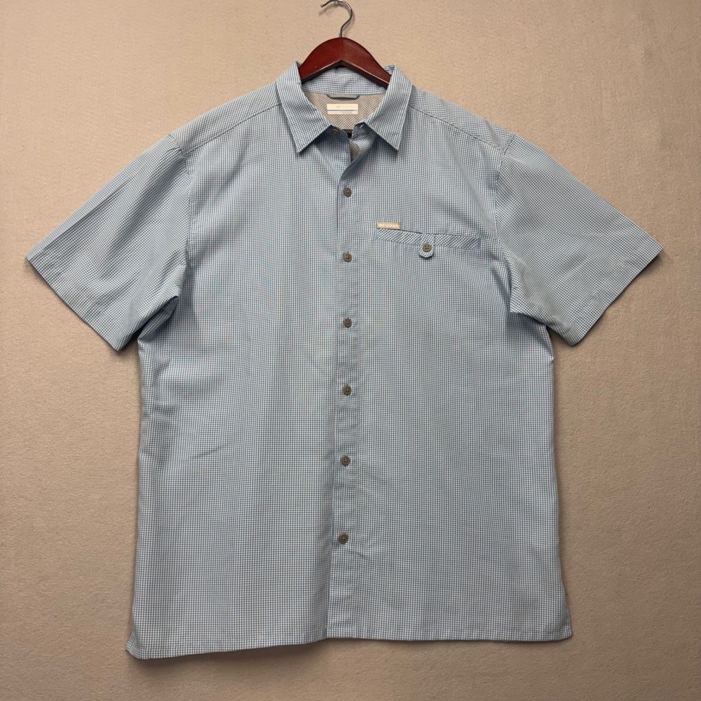 Columbia Shirt Mens Large Blue Micro Check AM1020 Short Sleeve Button Down
